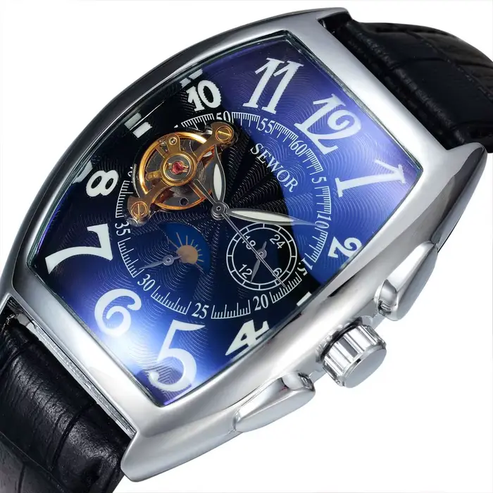 Montre SEWOR en acier inoxydable avec mouvement automatique pour homme, design tonneau, fonction lumineuse et résistance aux chocs, idéale pour toutes les occasions