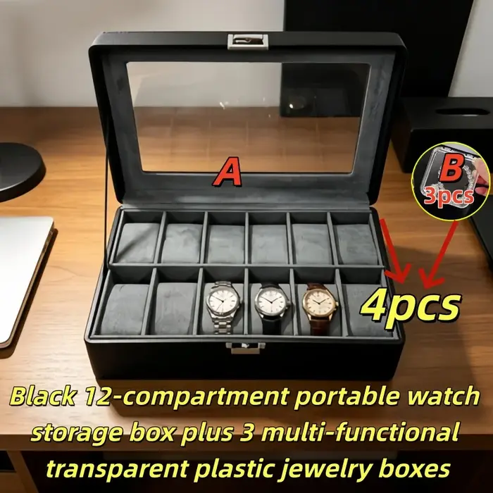 Boîte à montres en simili cuir de luxe à 12 emplacements avec serrure ensemble de 4 présentoirs à montres haut de gamme coffret à bijoux pour bracelets pour hommes occasions spéciales cadeau anniversaire fête des pères collectionneurs montres