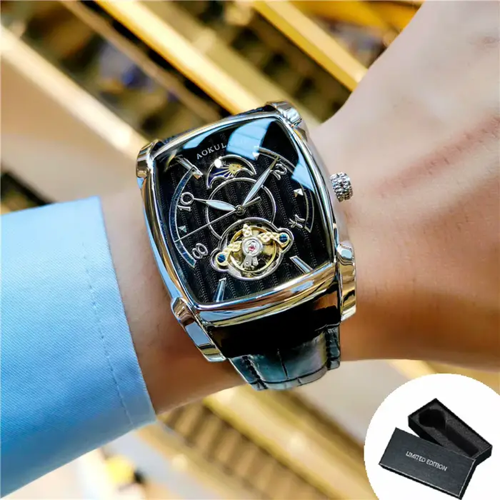 AOKULASIC Tourbillon squelette montre mécanique pour hommes mains lumineuses bracelet en cuir mode a