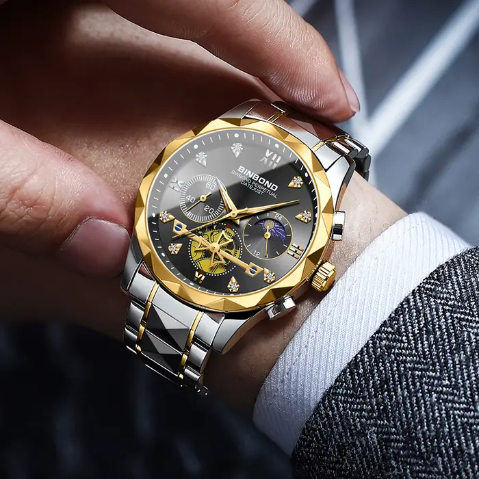 Montre chronographe robuste BINBOND pour homme à quartz avec couronne à vis, résistante à l'eau, pour affaires et occasions décontractées