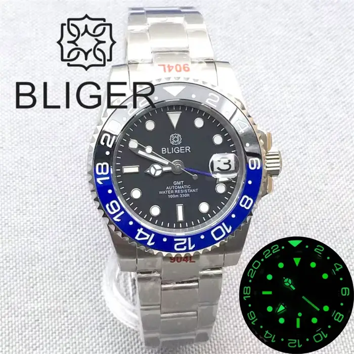 BLIGER 40mm GMT montre pour hommes lumineux bleu rouge violet lunette insérer verre saphir acier ino