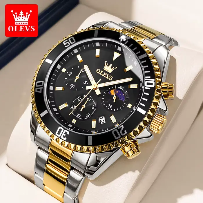 Montre homme OLEVS 2870 phase lunaire luxueuse résistante à l'eau avec fonction chronographe et calendrier complet pour toutes occasions