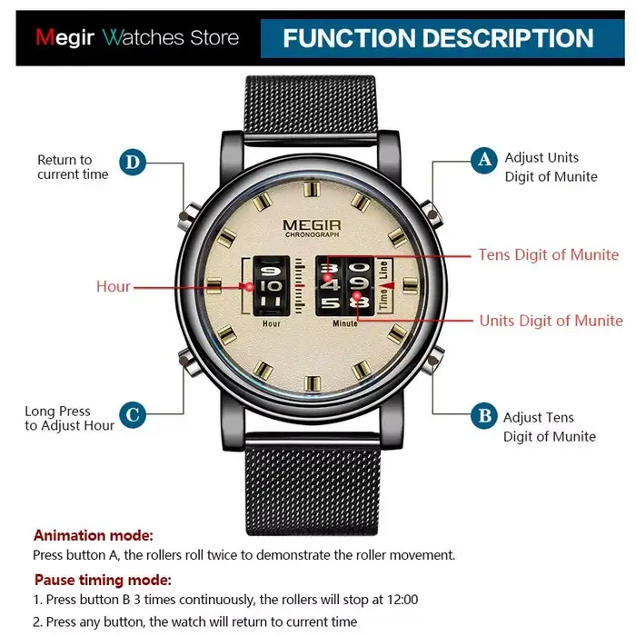 MEGIR 2020 nouvelles montres de luxe hommes Sport militaire rouleau pointeur montre à Quartz homme mode acier inoxydable maille bracelet montre-bracelet
