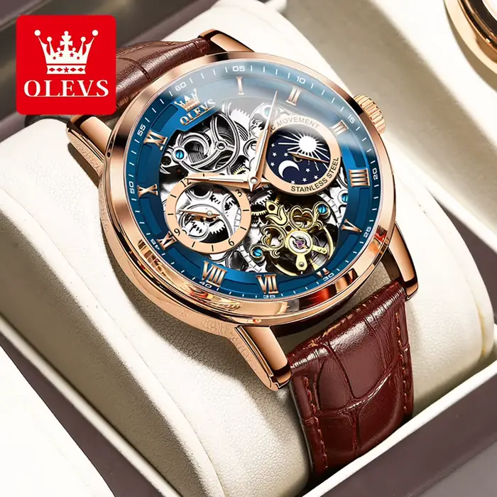 Montre homme OLEVS Squelette Tourbillon automatique avec phase de lune et bracelet en cuir pour occasions spéciales