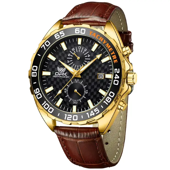 Montre à quartz OPK 8163 avec tachymètre, date automatique et chronographe pour homme, résistante à l'eau, bracelet en cuir, style mode et décontracté