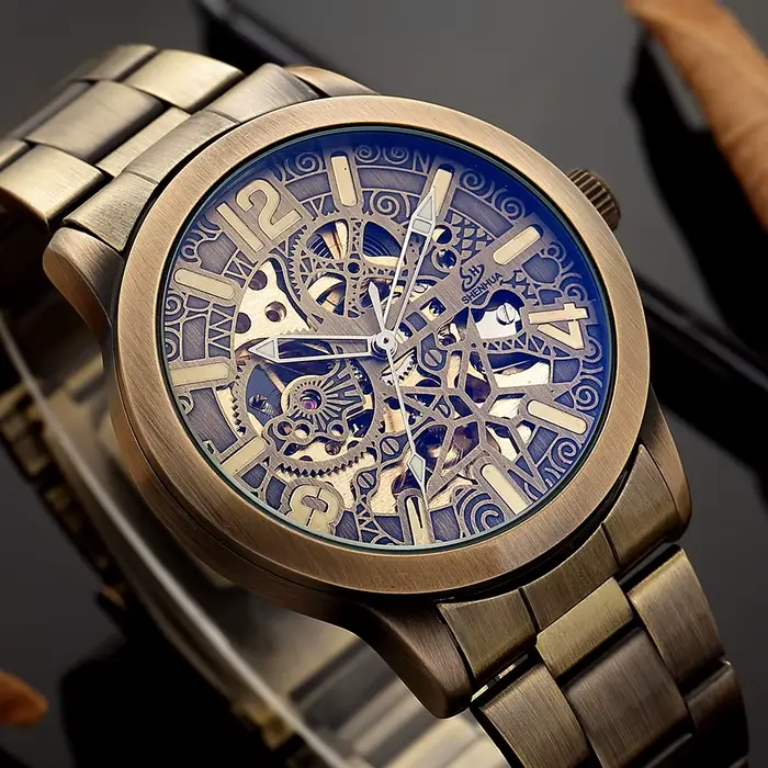 Montre SHENHUA en acier inoxydable avec cadran bronze rétro pour hommes style vintage et casual occassions spéciales