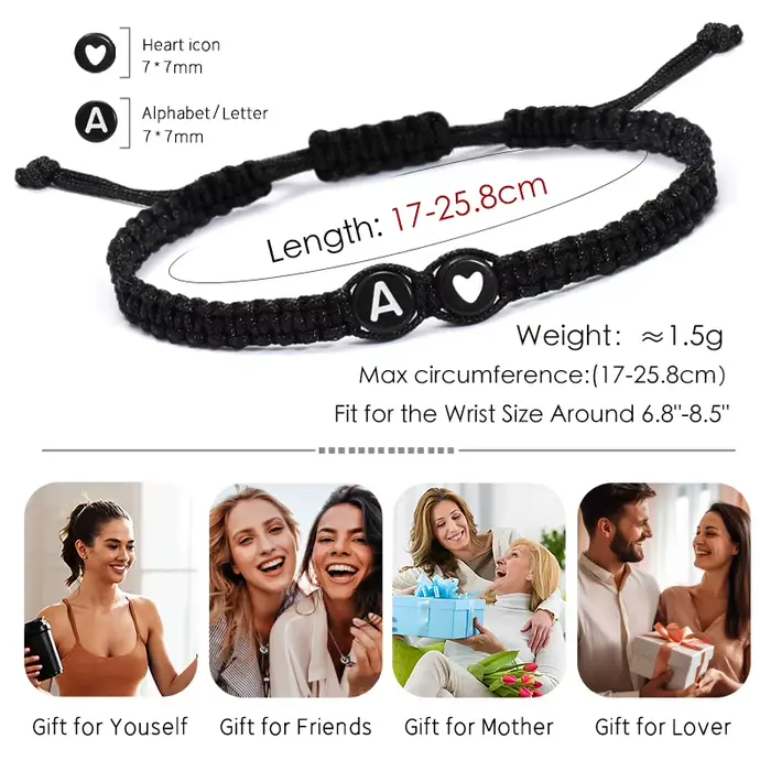 26 lettres initiales coeur Bracelets à la main réglable A-Z nom tressé