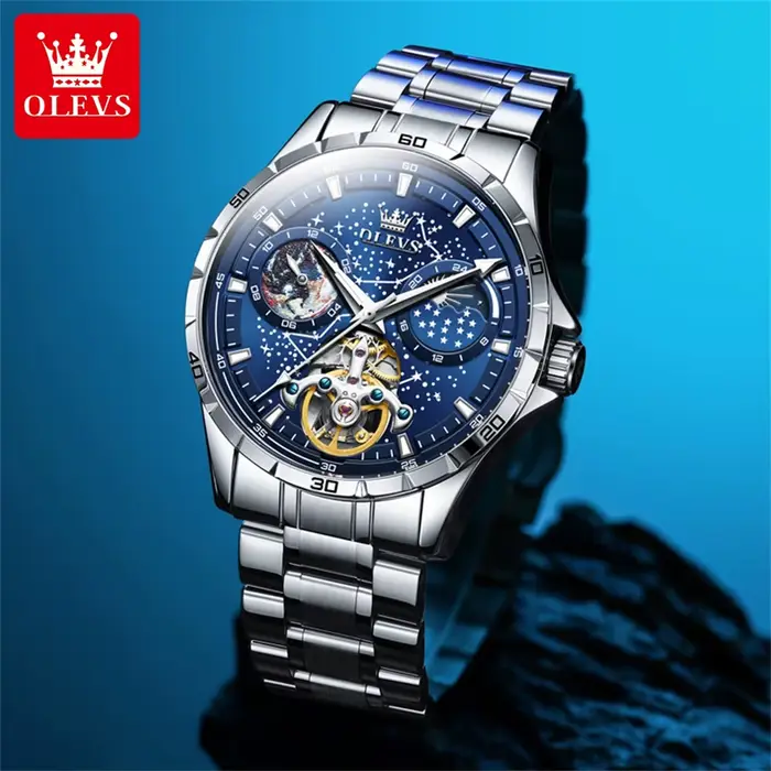 Montre OLEVS 6689 en acier inoxydable avec phase de lune et chronographe pour hommes occasions spéciales et quotidienne