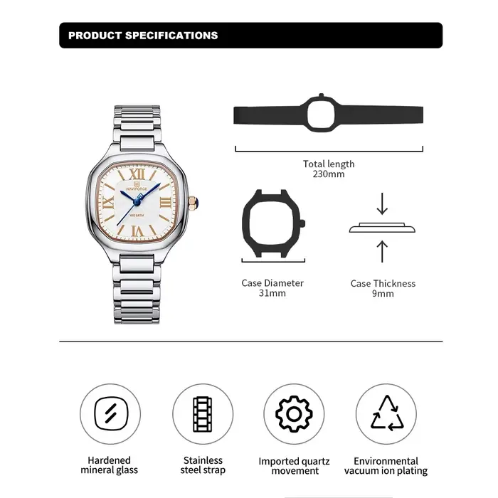 NAVIFORCE montre pour femme de luxe cadran carré Quartz étanche avec bracelet en acier inoxydable montre-bracelet dames robe Style horloge