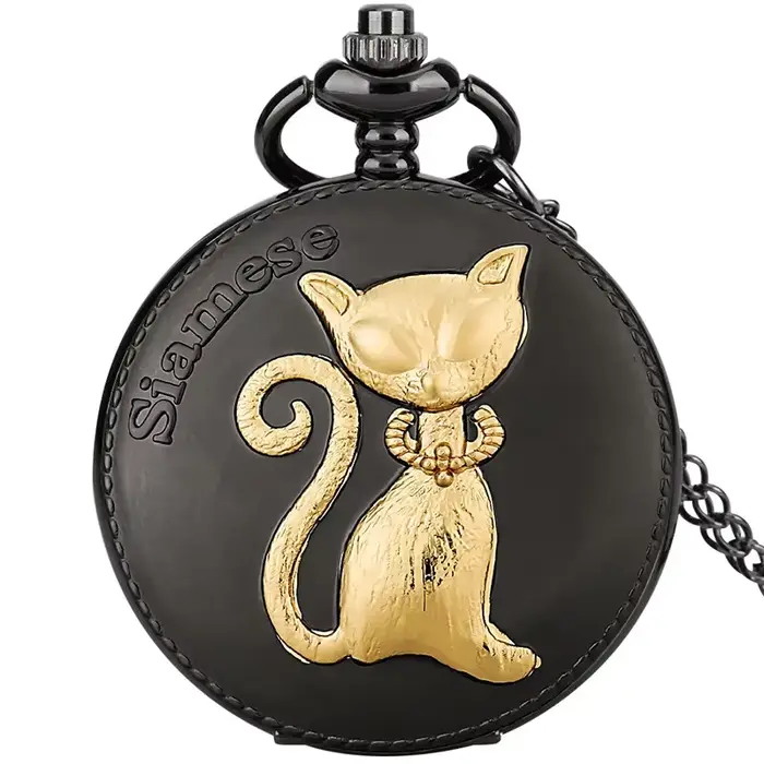 Montre de poche Vintage sculptée en forme de chat siamois doré