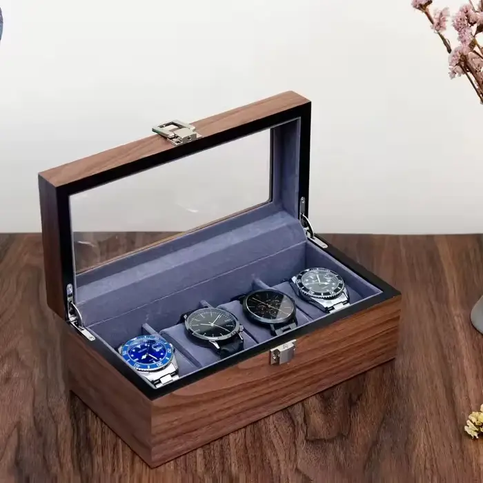 Boite à montres en bois de noyer avec couvercle en verre coussinets amovibles pour protection et présentation de montres occasions spéciales