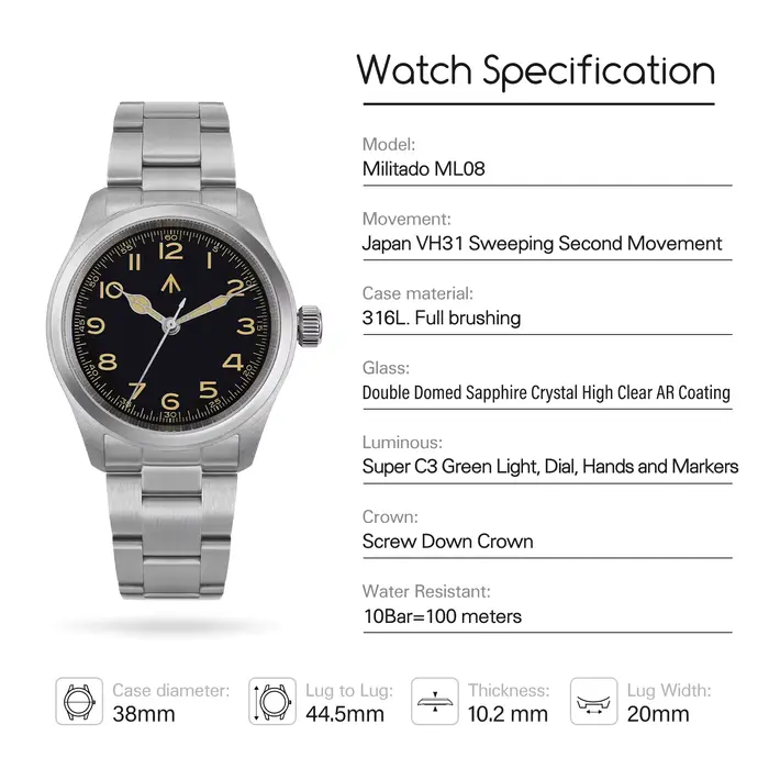 Montre Militaro ML08 Quartz Mouvement VH31 Double Cristal Saphir Luminous 10Bar Étanche Occasions Spéciales