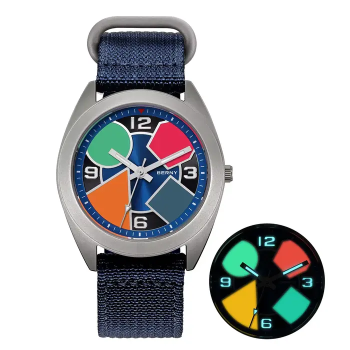 BERNY montre en titane pour hommes cadran géométrique revêtement AR saphir accrocheur multicolore toile lumineuse