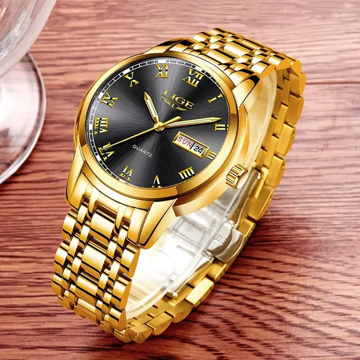 Montre Quartz Dorée LIGE pour Homme Occasions Spéciales Horlogerie Luxe Business Casual
