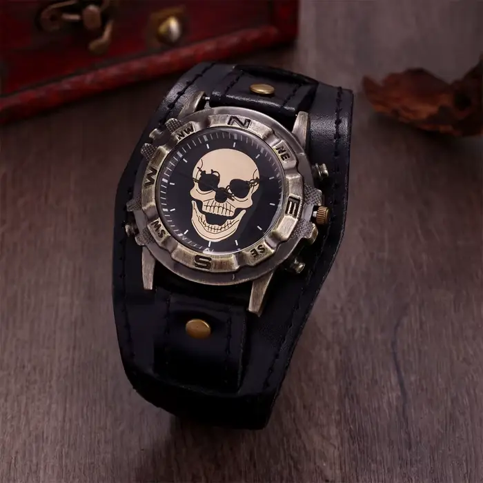 Montre Homme Vintage Style Ethnique, Bracelet en Cuir, Grand Cadran, Montre à Quartz Personnalisée a