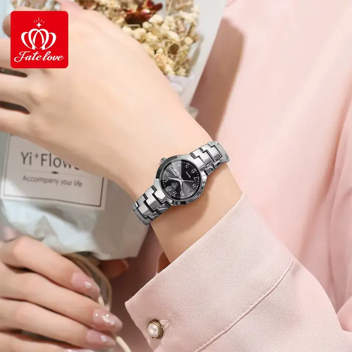 Montre FATELOVE 818 en acier au tungstène avec affichage double calendrier et jour de la semaine pour femmes occasions spéciales