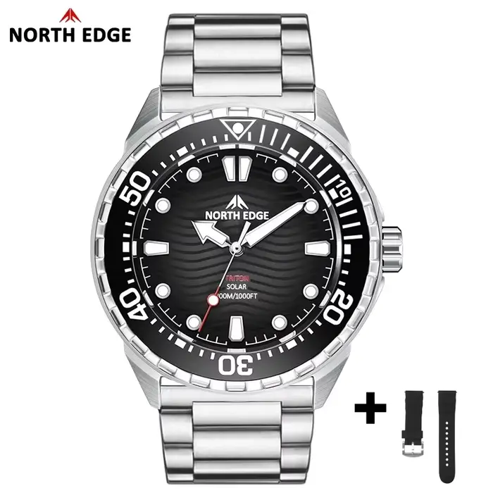 NORTH EDGE montres pour homme TRITON montre de plongée à énergie solaire montre-bracelet à Quartz en acier inoxydable