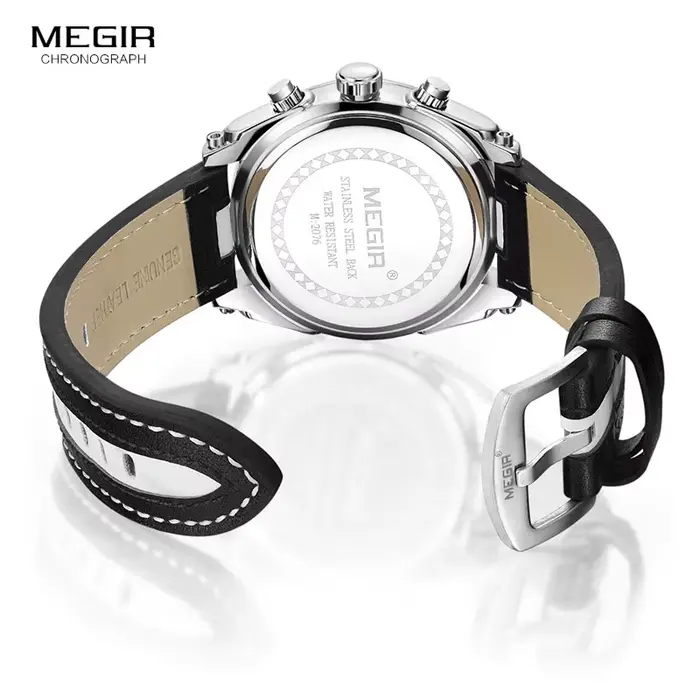 MEGIR mode hommes chronographe montres à Quartz bracelet en cuir aiguilles lumineuses 24 heures sport analogique montre-bracelet pour homme 2076 blanc
