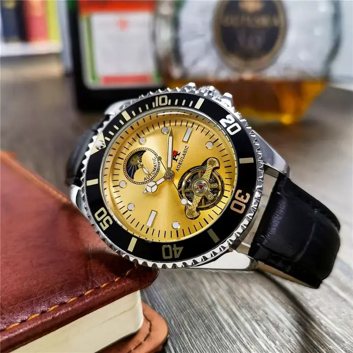 Montre mécanique pour hommes de la série Luxe, remontage automatique, design squelette, cadran rond,