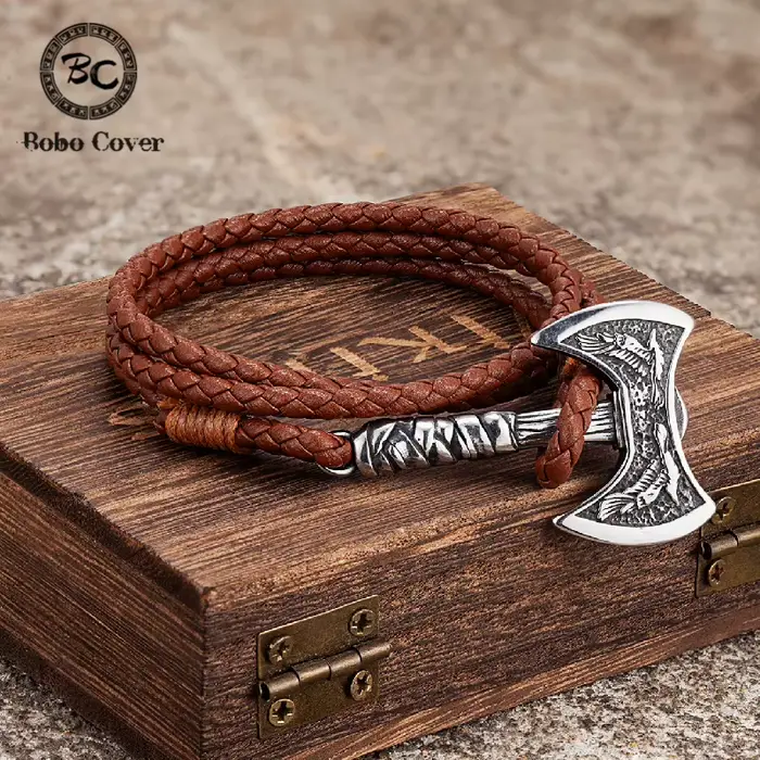 Bracelet en cuir multicouches avec hachette nordique et amulette corbeau en acier inoxydable pour homme style viking occassions spéciales