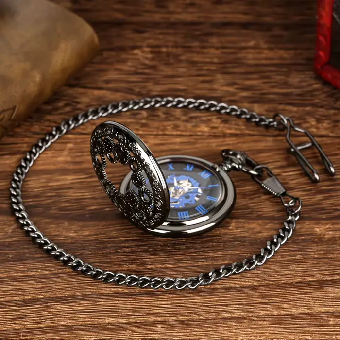 Montre de poche mécanique antique Steampunk design roue dengrenage transparente pendentif à remontage manuel homme occassions spéciales