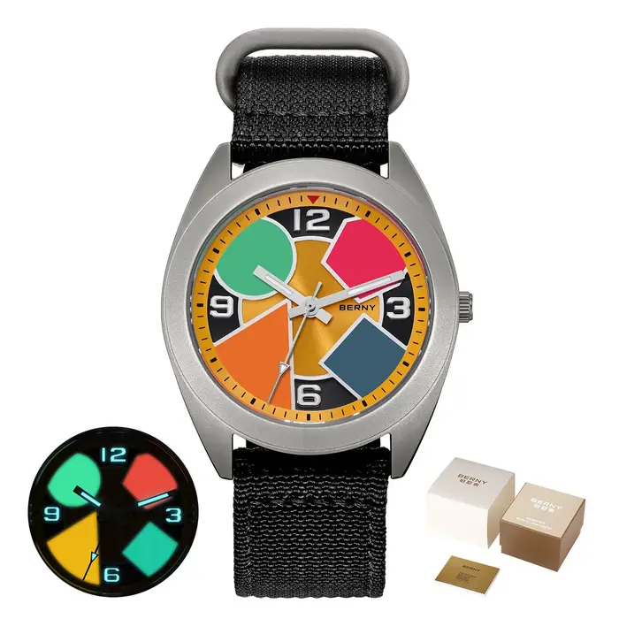 Montre en titane BERNY avec cadran multicolore et bracelet toile pour hommes occasions spéciales et activités en plein air