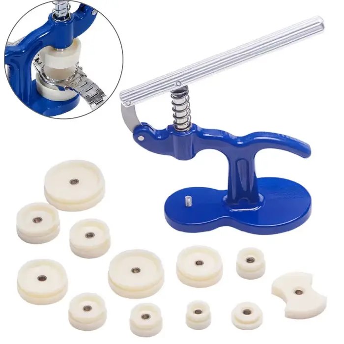 Outil de presse de réparation de pression, plus proche du dos de la montre, boîtier d'outils d'horloger, outils manuels en verre de cristal avec 12 Kits de matrices en plastique