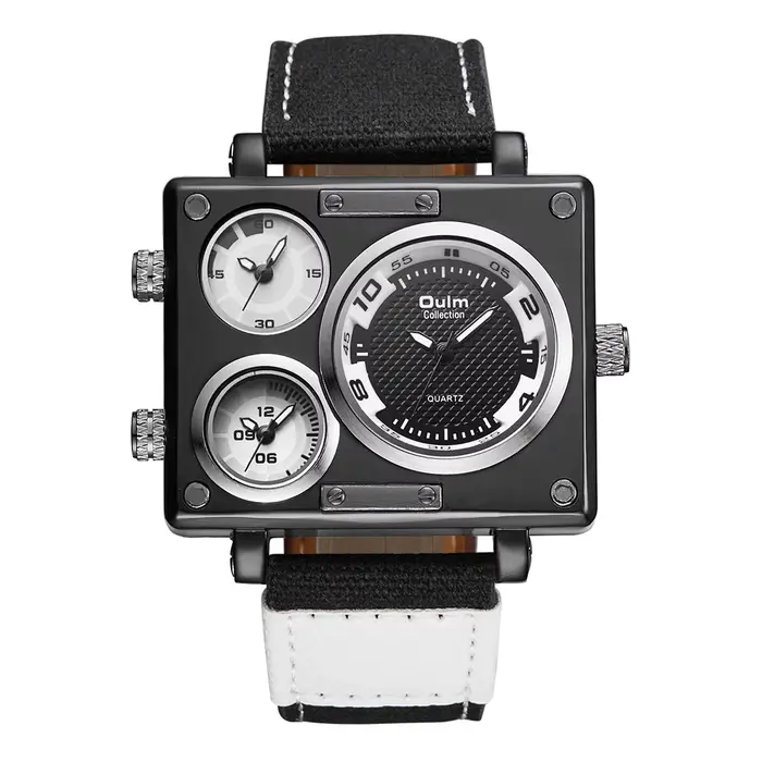 Montre de sport pour homme, quartz, bracelet en cuir marron et bleu, grand format, conceptuelle, bla