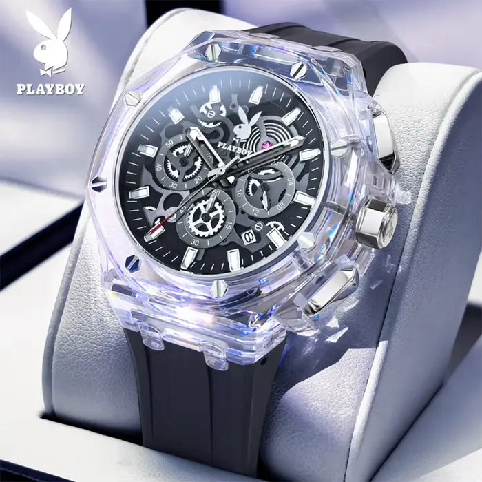 PLAYBOY 3082 Montre de sport pour homme, montre à quartz squelette originale, bracelet en silicone, 