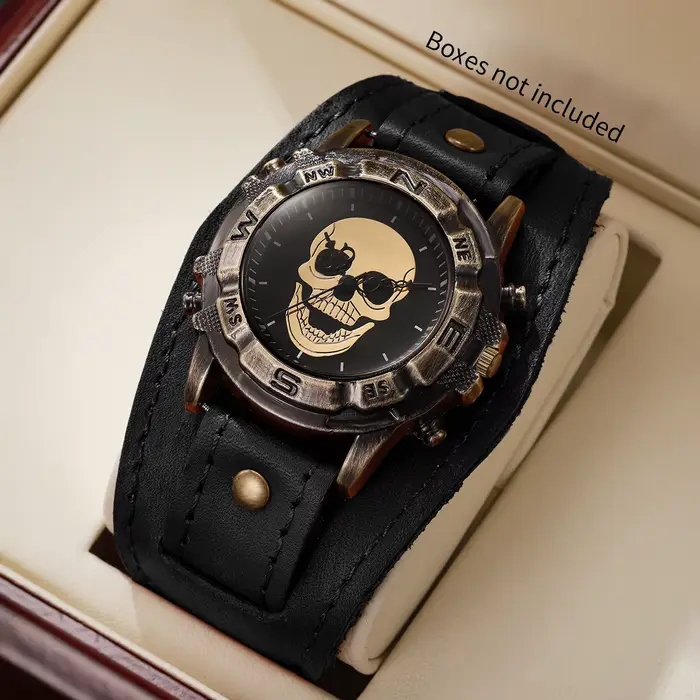 Montre vintage pour homme avec cadran large, bracelet en cuir brun foncé, lunette avec boussole, sty