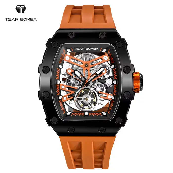 TSAR BOMBA Montre automatique pour homme Mouvement MIYOTA Squelette Tonneau Montre-bracelet étanche Horloge de luxe
