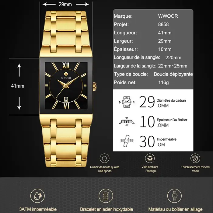 Montre carrée homme en acier inoxydable avec mouvement quartz doré résistante à l'eau pour toutes les occasions