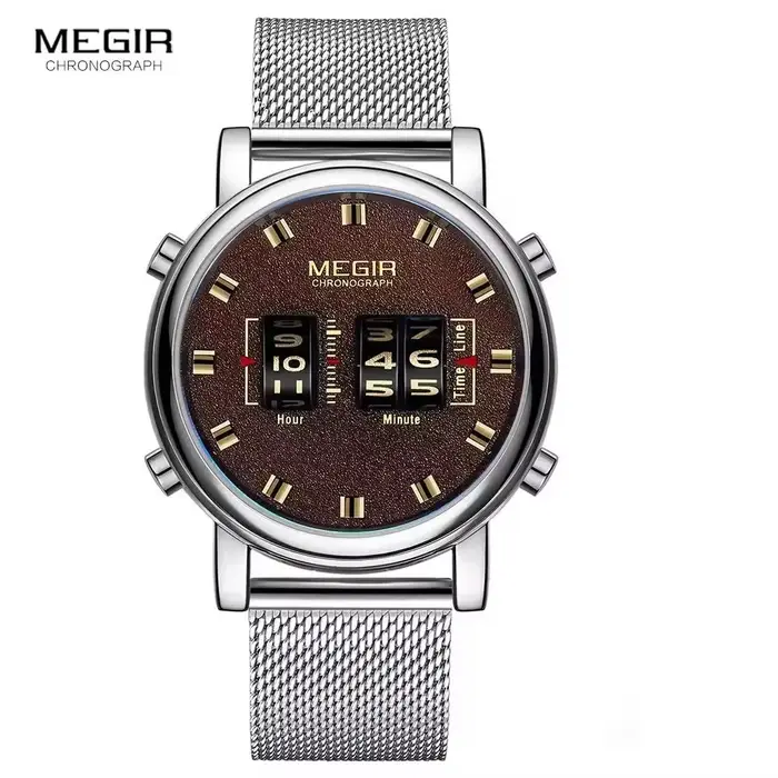 MEGIR 2137 Relojes Para Hombres montres hommes Sport militaire en cuir marron Quartz montre-bracelet de luxe tambour rouleau Relogio Masculino
