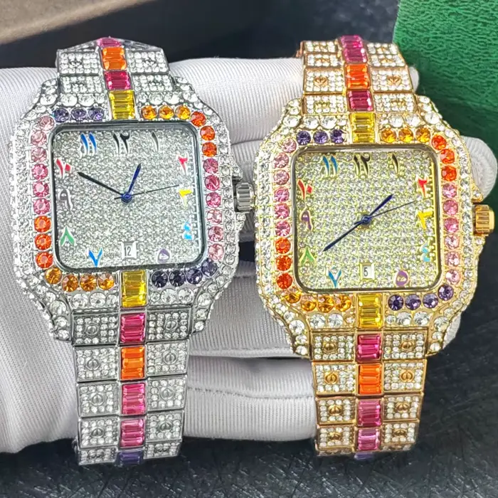 Montre Homme Quartz Diamant Arc-en-ciel Entièrement Sertie Or Gypsophile Vintage Forme Carrée Hip Hop Reloj