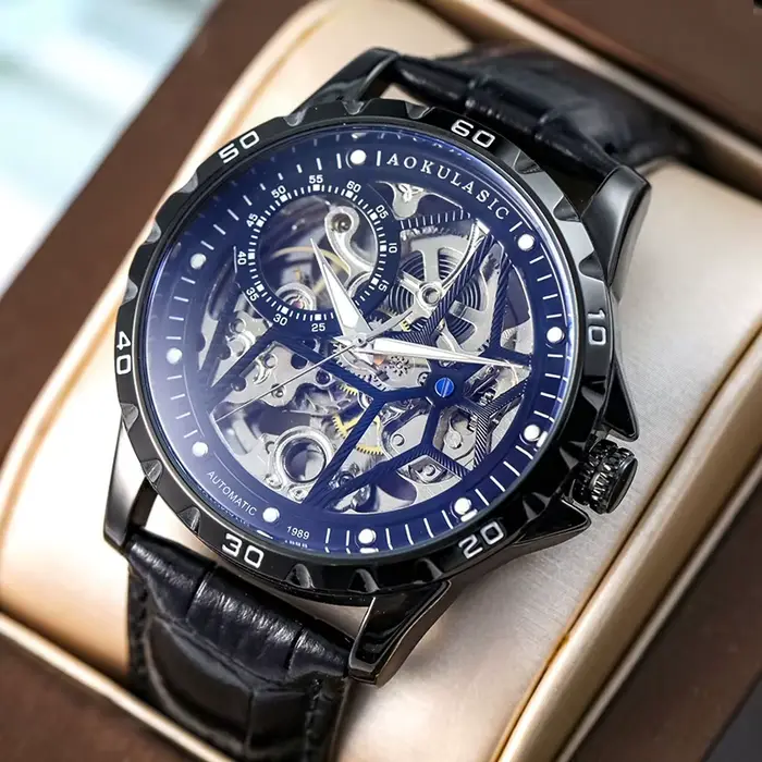 Montre mécanique automatique homme boîtier alliage lumineux bracelet cuir véritable cadran squelette résistance à l'eau occassions spéciales