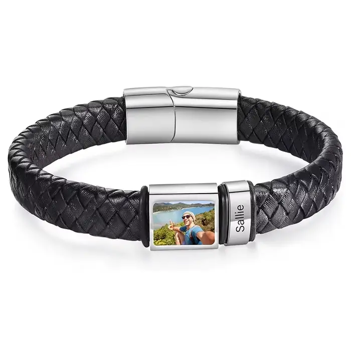 Bracelet photo personnalisé pour hommes Bracelet photo personnalisé en cuir nom gravé Bracelet bijou