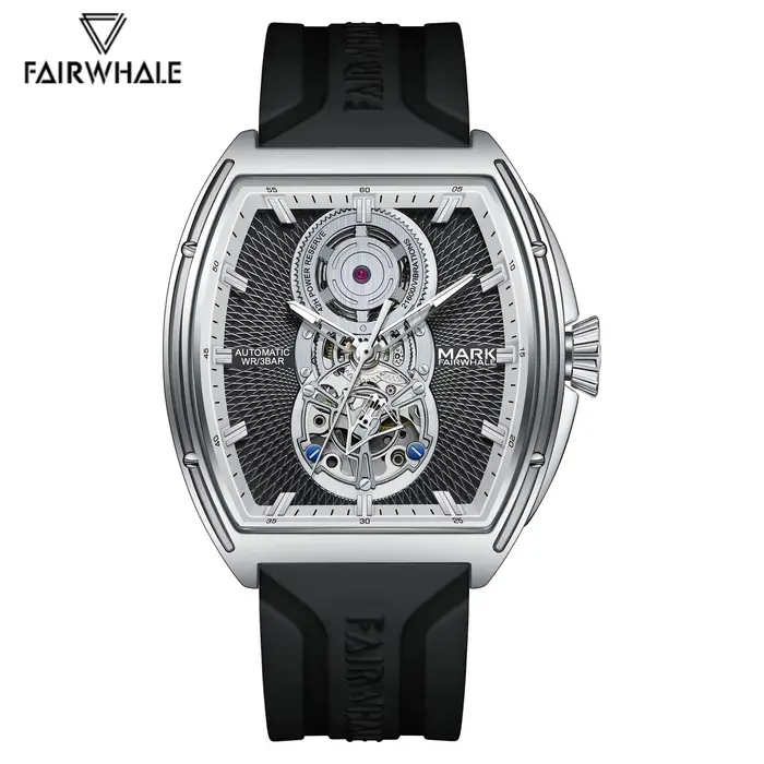 Montre Homme Automatique Mécanique Mark Fairwhale 6029 Tendance Bracelet Caoutchouc Tourbillon Tonneau Montres