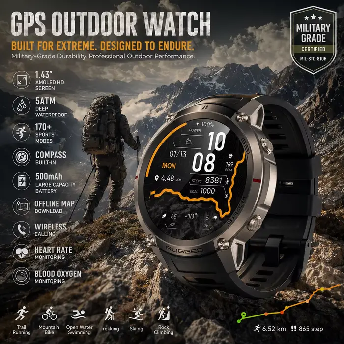 Montre connectée GPS professionnelle étanche pour hommes avec suivi de fitness et navigation hors ligne occasions extérieures探险活动
