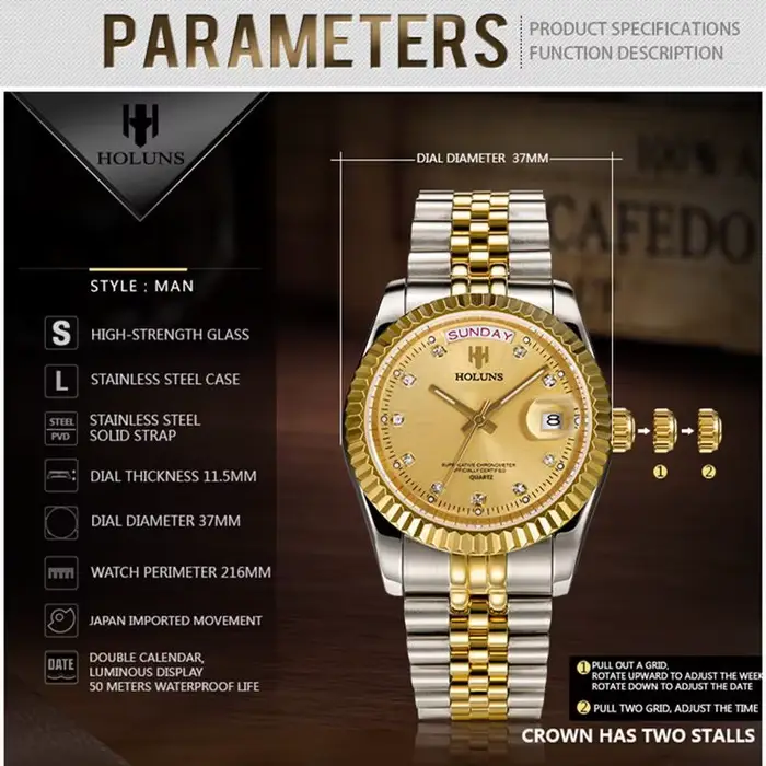 Holuns-Montre-bracelet d'affaires classique en acier inoxydable pour homme