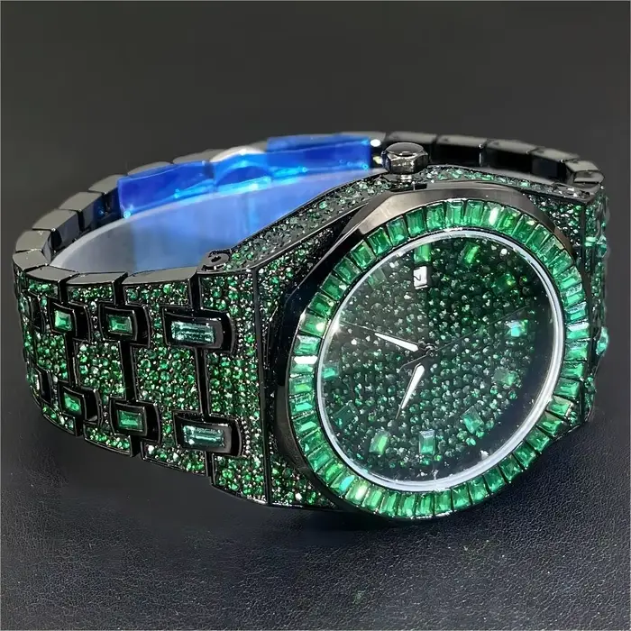 Montre à Quartz Verte Glacée pour Homme