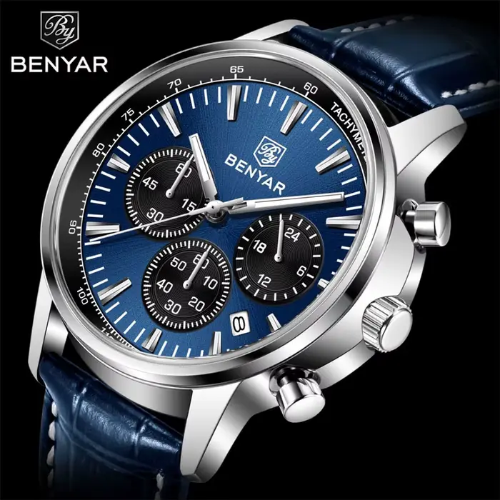 Montre homme BENYAR à Quartz avec bracelet en cuir résistant à l'eau pour hommes élégants occaions spéciales et quotidiennes