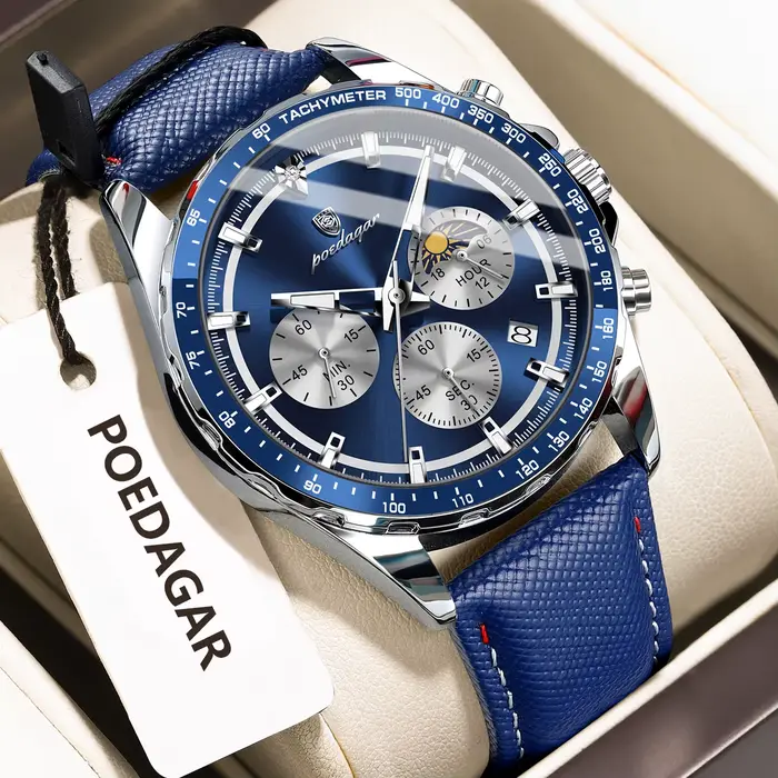 POEDAGAR Original mode hommes horloge lumineux étanche chronographe Date homme montre-bracelet en cuir Quartz Sport