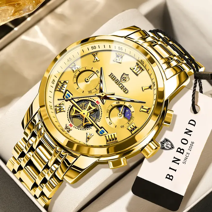 Montre-bracelet à quartz étanche pour homme avec cadran à échelle romaine classique et chronographe multifonctionnels pour occasions spéciales et activités sportives