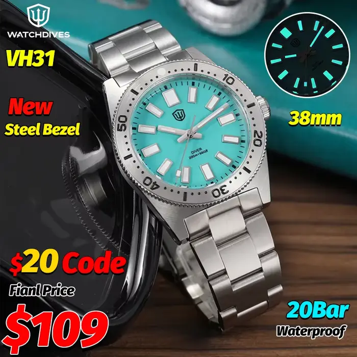 Montre à Quartz Watchdives WD1965 V2 Acier Inoxydable Luminous et Étanche pour Hommes Occasions Spéciales Plongée Mode Casual