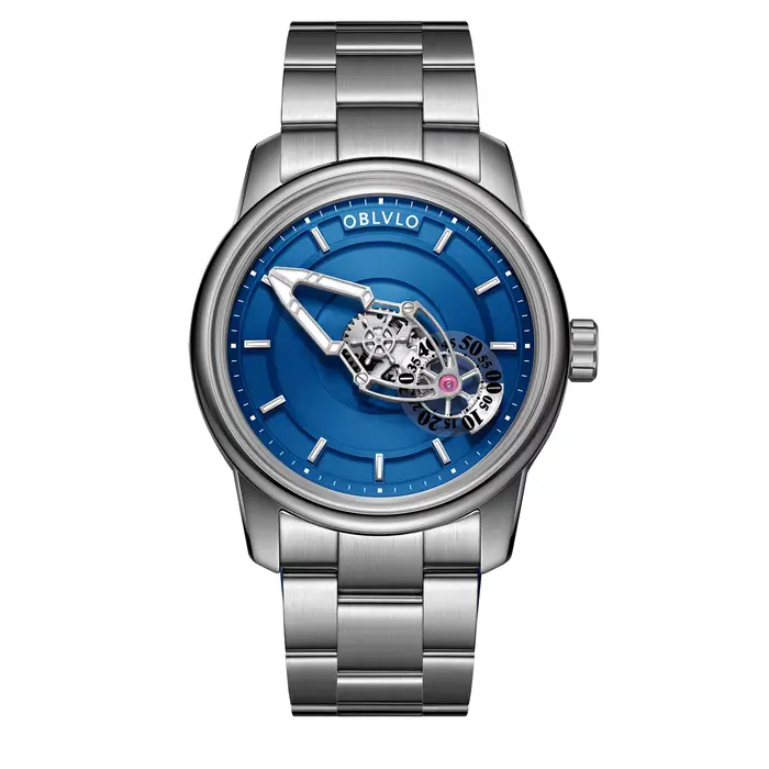 Montre automatique pour hommes OBLVLO avec mouvement manivelle mécanique et résistance à l'eau de 50m pour occasions formelles et informelles