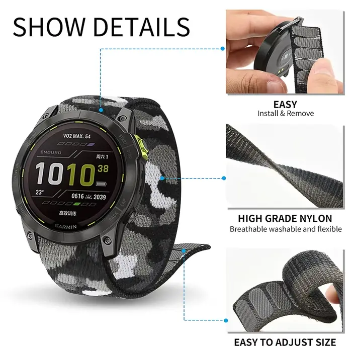 Bracelet de montre à ajustement rapide en Nylon à boucle à crochet pour Garmin Fenix 8 7X/Epix Pro/Instinct 3