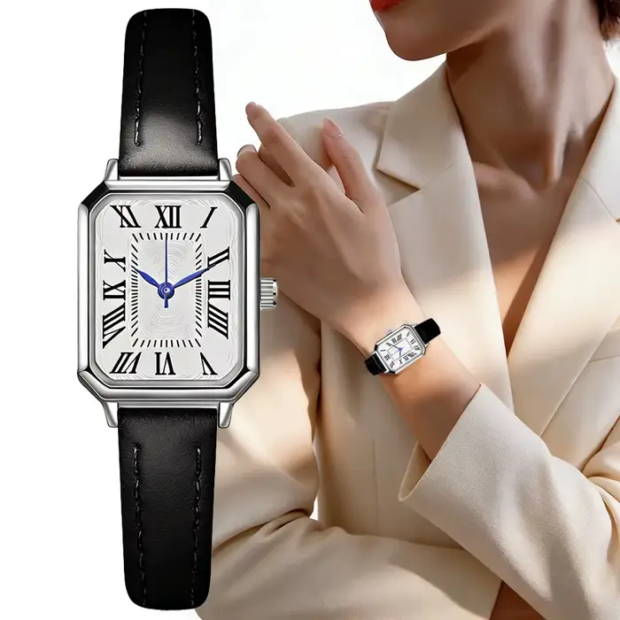 Montre femme carrée élégante avec bracelet cuir noir chiffres romains pour bureau et quotidien