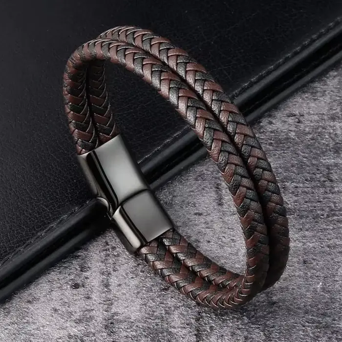 Bracelet en cuir véritable tressé noir et bleu pour hommes, Double bande