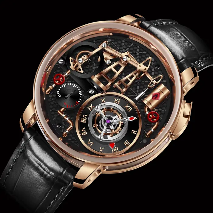 Montre PINDU à Quartz avec Pompe à Huile, Boîtier en Acier Inoxydable, Bracelet en Cuir, Étanche, Affichage Chiffre Romains, Occasions Spéciales pour Homme