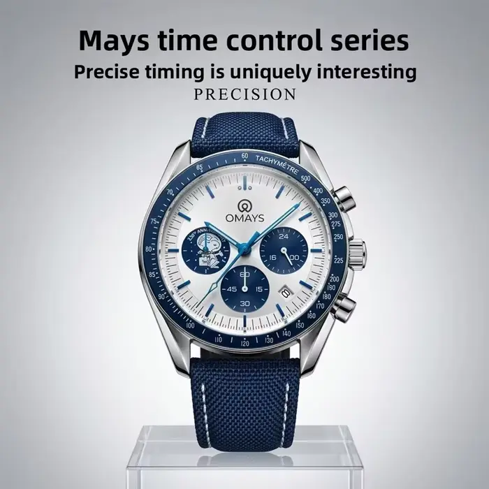 Montre chronographe sport de luxe OMAYS Limited 50e anniversaire avec bracelet en nylon bleu - Classique haut de gamme pour homme